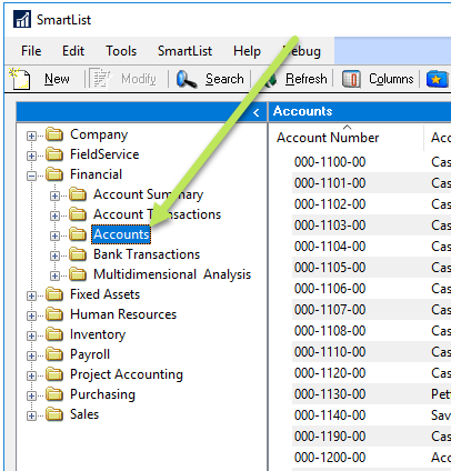 SmartList with Accounts object selected