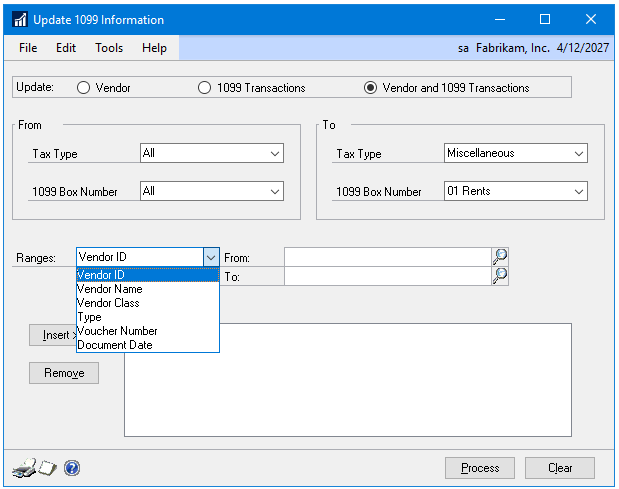 Dynamics GP Update 1099 Information window to fix 1099 issues