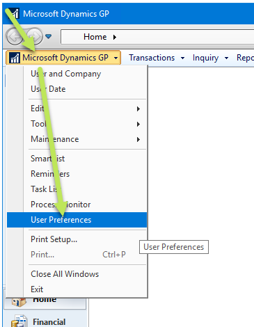 How to navigate to open user preferences in Dynamics GP