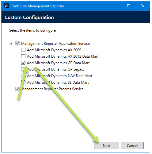 How to add the Microsoft Dynamics GP Data Mart configuration.