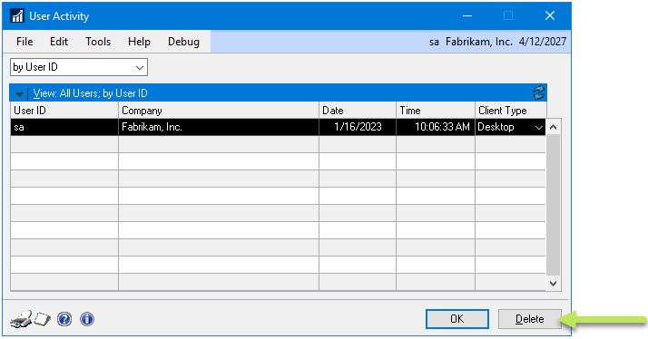 Screenshot of where to see who is logged in to Dynamics GP.